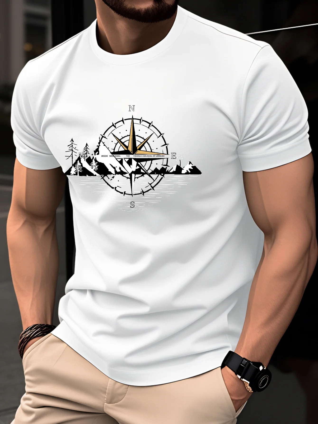 Men's Summer 100% Pure Cotton Casual Loose Black and White Lines Simple Geometric Pattern Round Neck Short Sleeved T-Shirt