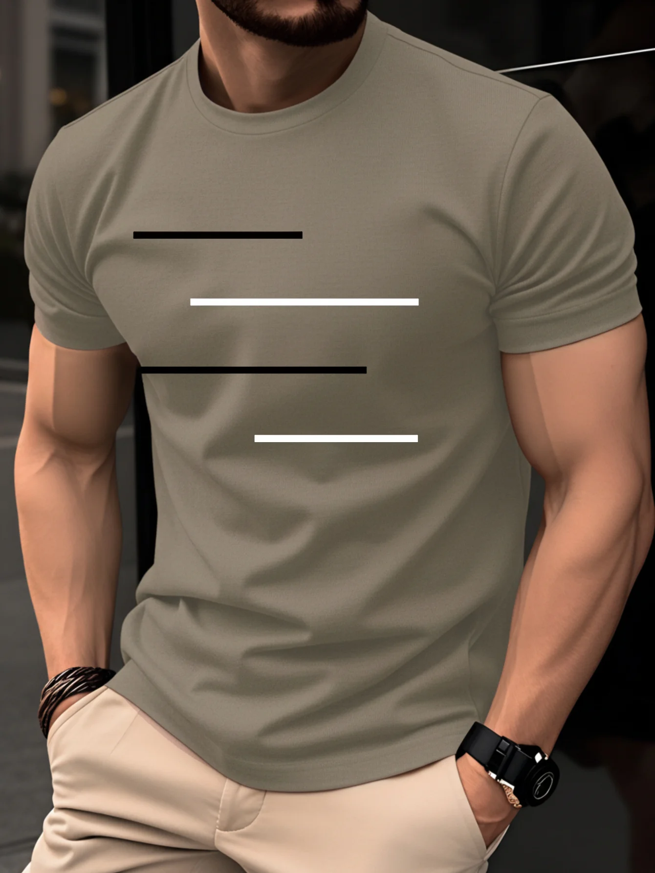 Men's Summer 100% Pure Cotton Casual Loose Black and White Lines Simple Geometric Pattern Round Neck Short Sleeved T-Shirt