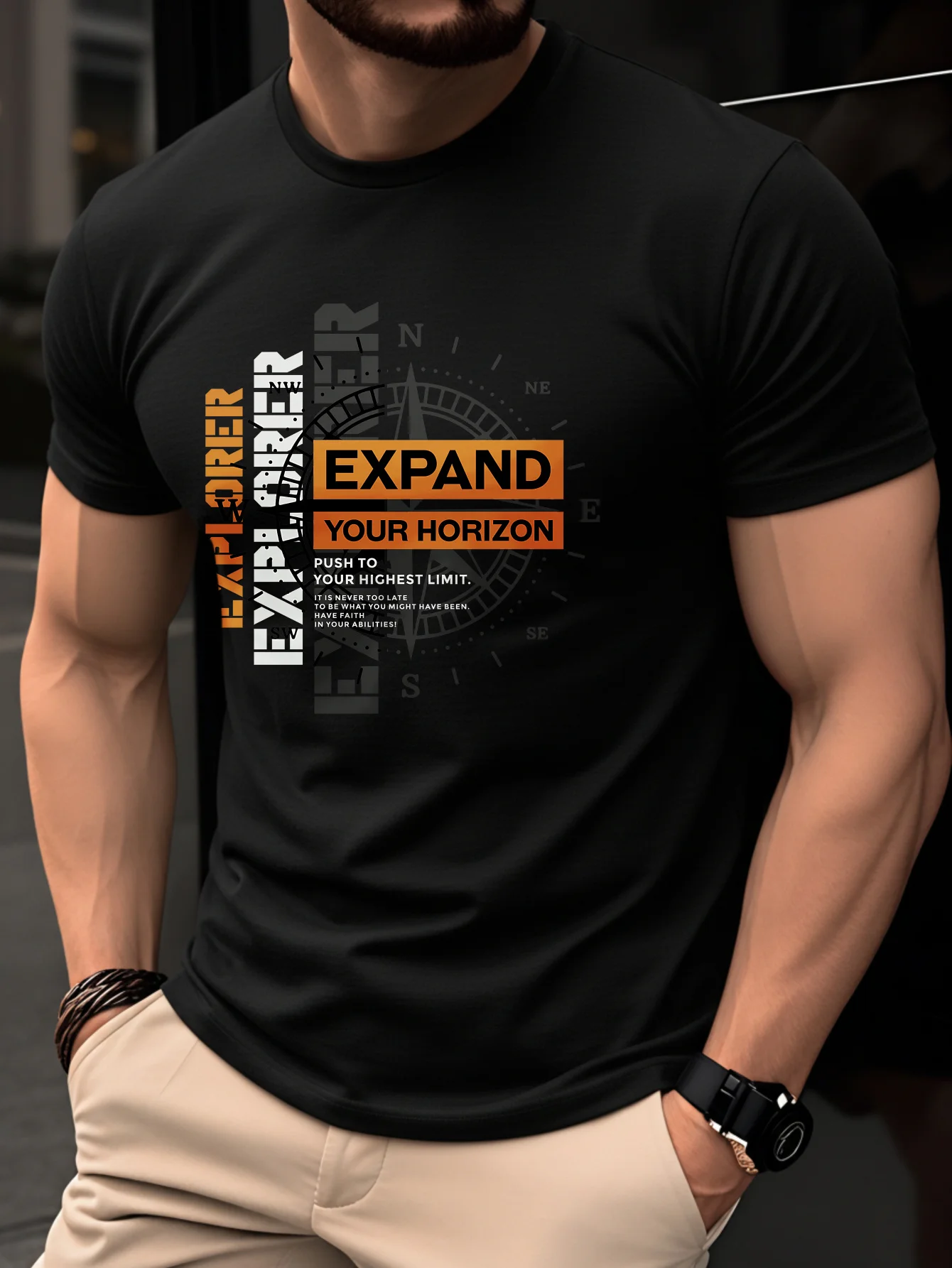 Men's Summer 100% Pure Cotton Casual Loose Black and White Lines Simple Geometric Pattern Round Neck Short Sleeved T-Shirt