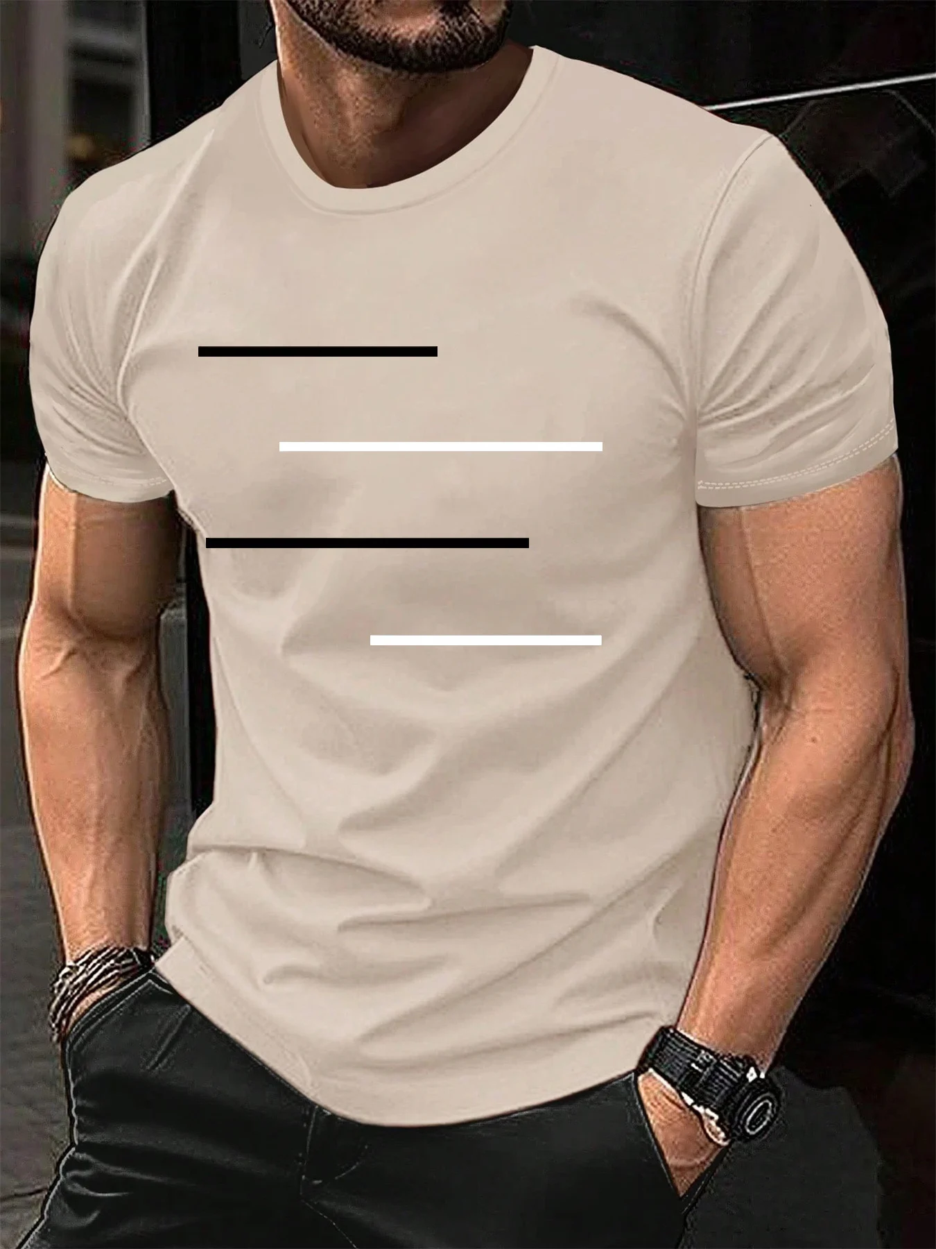 Men's Summer 100% Pure Cotton Casual Loose Black and White Lines Simple Geometric Pattern Round Neck Short Sleeved T-Shirt