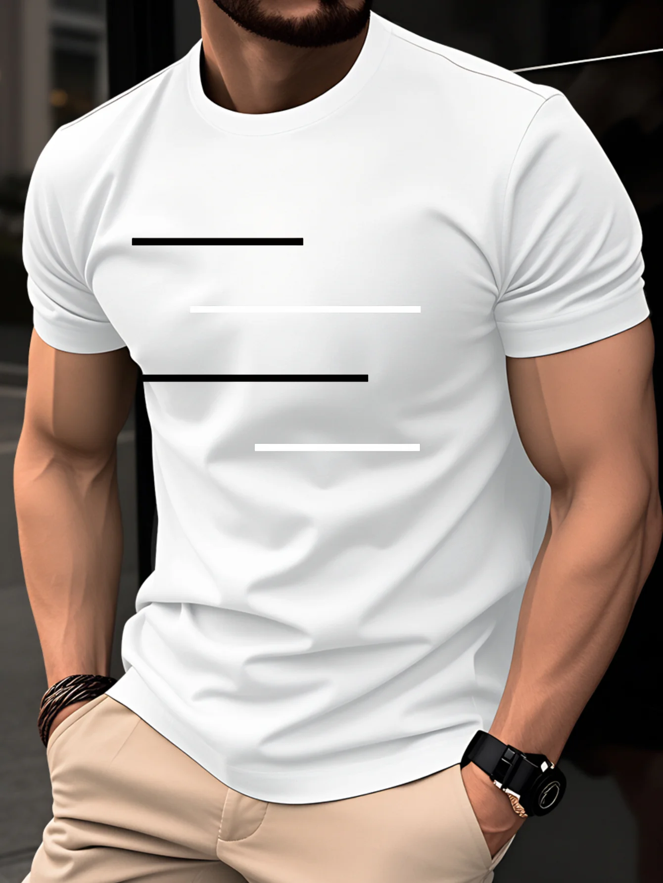 Men's Summer 100% Pure Cotton Casual Loose Black and White Lines Simple Geometric Pattern Round Neck Short Sleeved T-Shirt