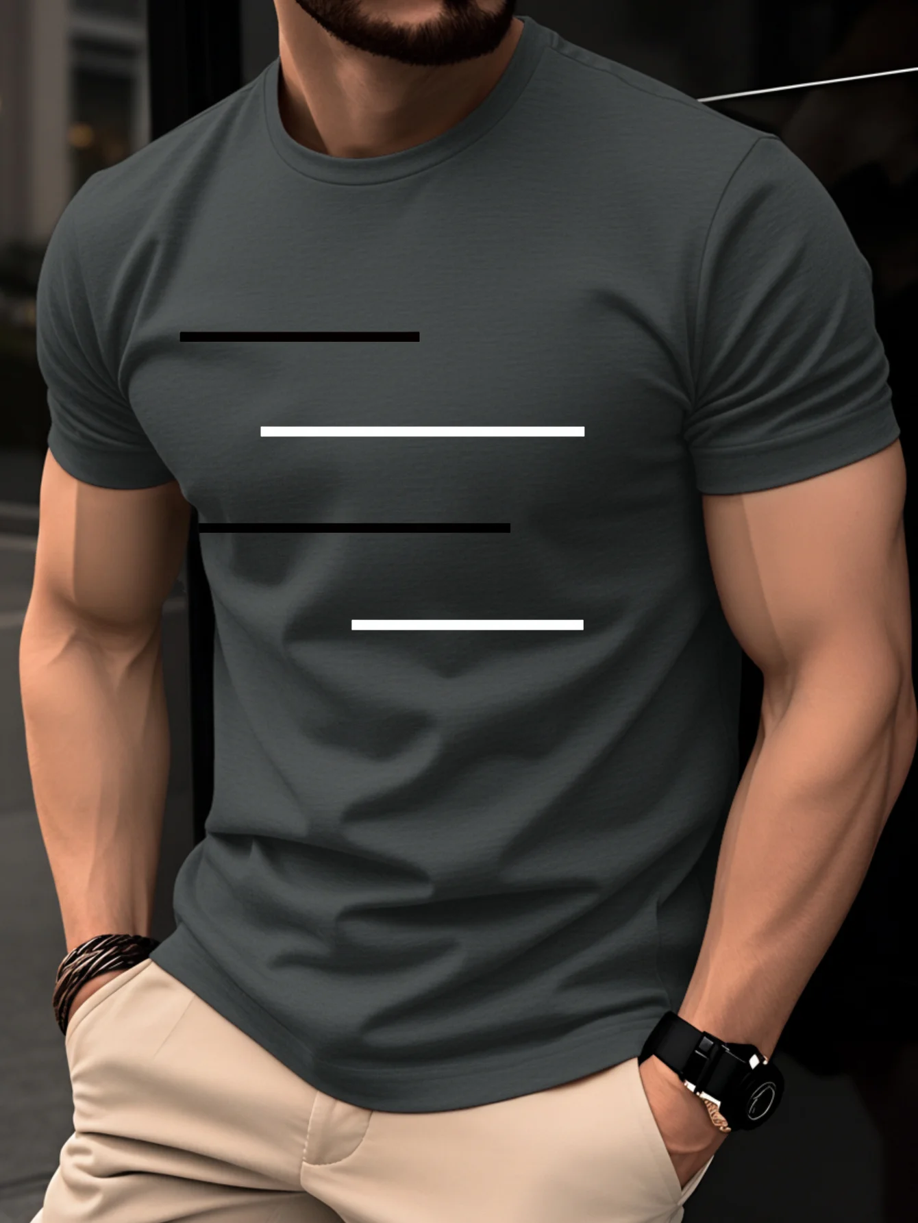 Men's Summer 100% Pure Cotton Casual Loose Black and White Lines Simple Geometric Pattern Round Neck Short Sleeved T-Shirt