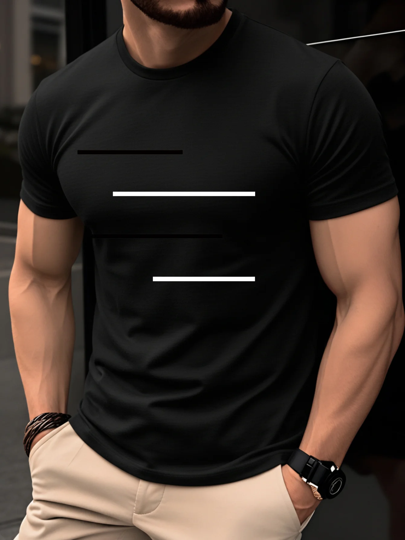 Men's Summer 100% Pure Cotton Casual Loose Black and White Lines Simple Geometric Pattern Round Neck Short Sleeved T-Shirt