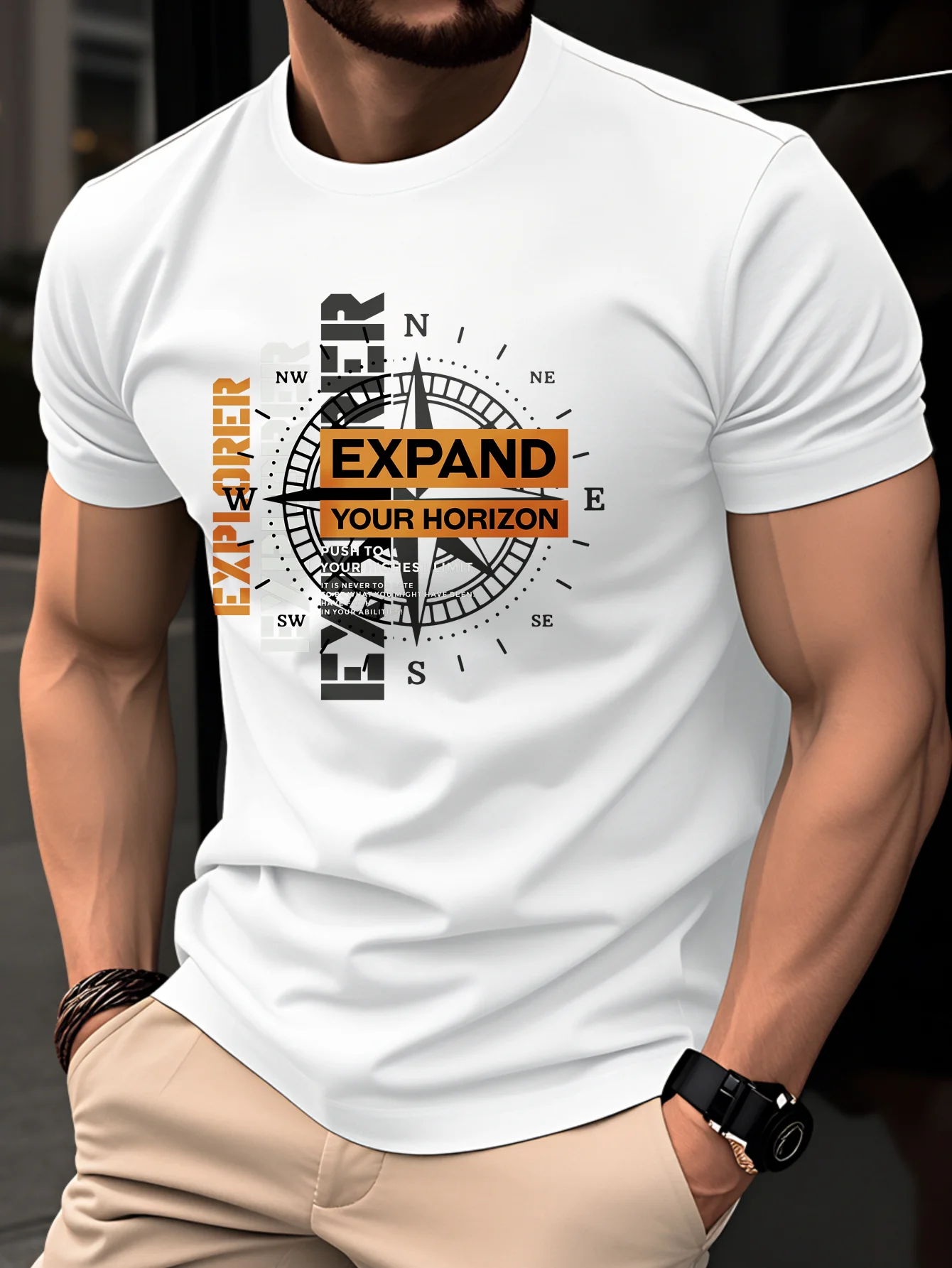 Men's Summer 100% Pure Cotton Casual Loose Black and White Lines Simple Geometric Pattern Round Neck Short Sleeved T-Shirt