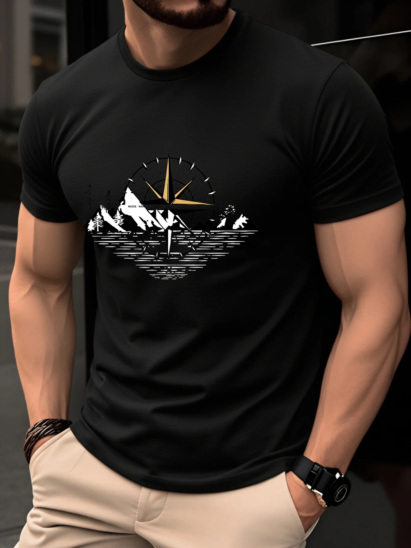 Men's Summer 100% Pure Cotton Casual Loose Black and White Lines Simple Geometric Pattern Round Neck Short Sleeved T-Shirt