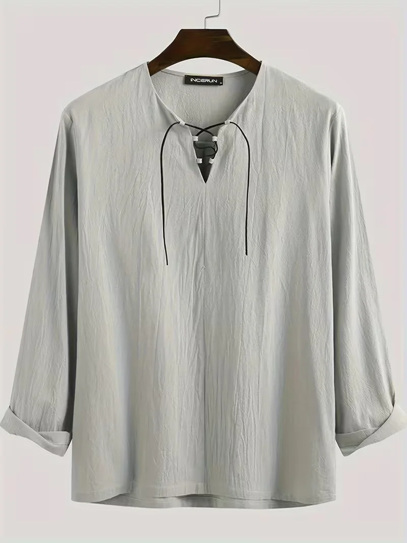 Men's Medieval Pirate Shirt - Historical Renaissance Faire Costume with V-Neck, Lace-Up Collar & Adjustable Drawstring Waist - L