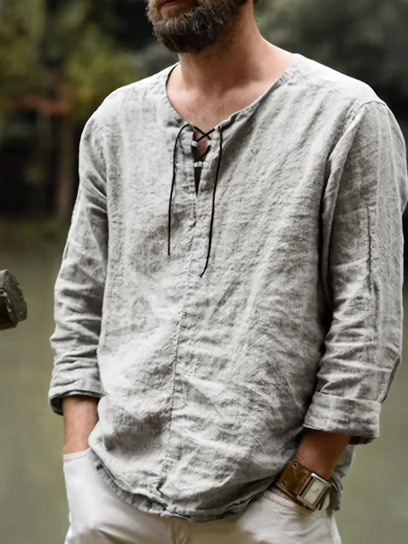 Men's Medieval Pirate Shirt - Historical Renaissance Faire Costume with V-Neck, Lace-Up Collar & Adjustable Drawstring Waist - L