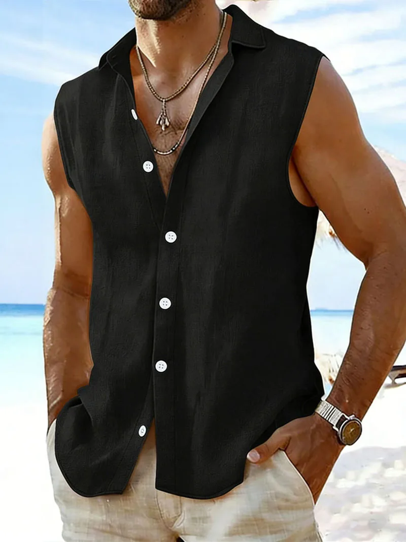 2026 Men's Sleeveless Cotton Linen Shirt Turn Down Collar Button Up Solid Regular Fit Summer Casual Beach Daily Outdoor Tops