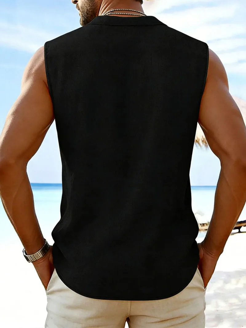 2026 Men's Sleeveless Cotton Linen Shirt Turn Down Collar Button Up Solid Regular Fit Summer Casual Beach Daily Outdoor Tops