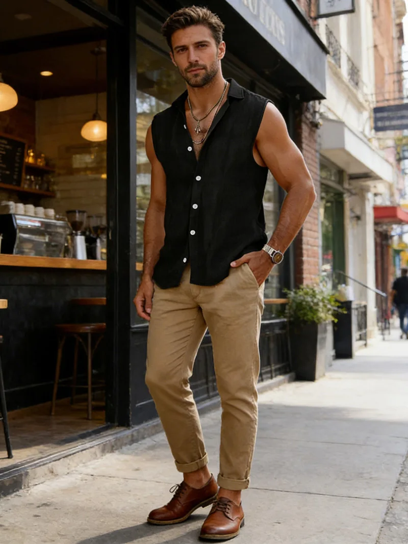 2026 Men's Sleeveless Cotton Linen Shirt Turn Down Collar Button Up Solid Regular Fit Summer Casual Beach Daily Outdoor Tops