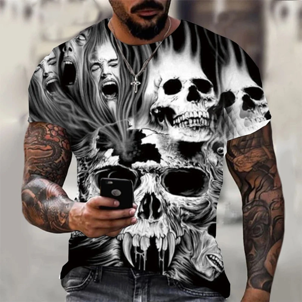 Men's summer 3D printed skull personalized cool print pattern punk rock retro men's trendy cool short sleeved T-shirt