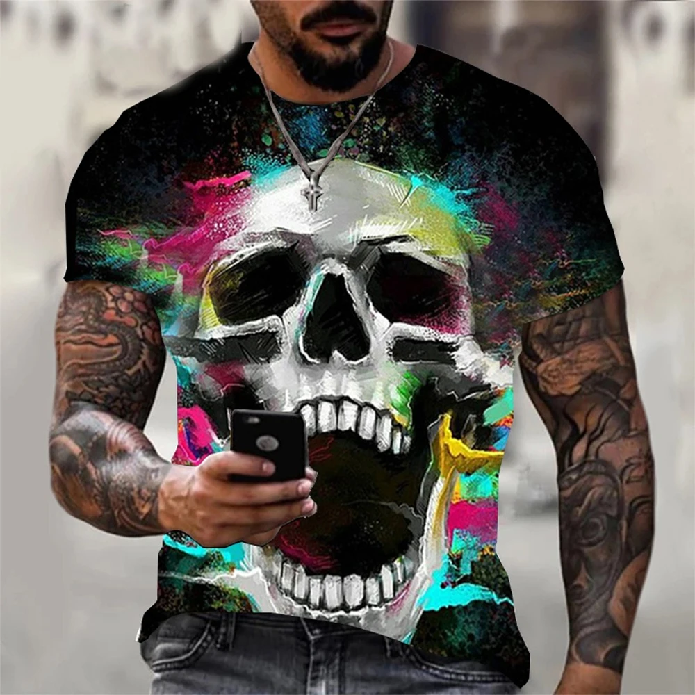 Men's summer 3D printed skull personalized cool print pattern punk rock retro men's trendy cool short sleeved T-shirt