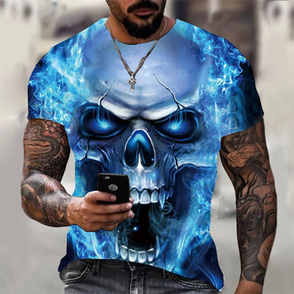 Men's summer 3D printed skull personalized cool print pattern punk rock retro men's trendy cool short sleeved T-shirt