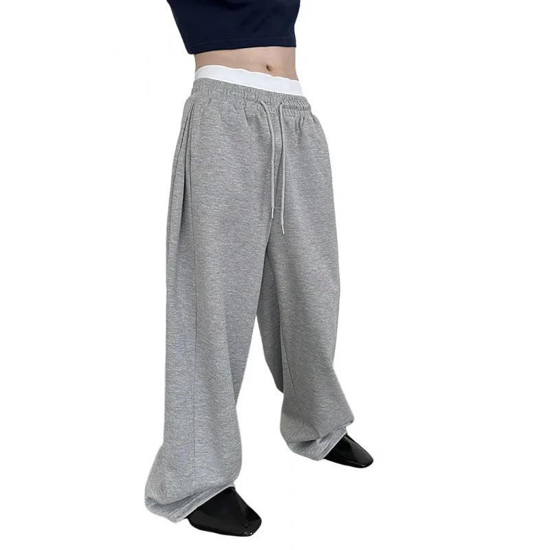 Men's Solid Color Sanitary Winter Pants 2025 Drawstring Waist Straight Wide Leg Loose Fit with Pockets Versatile Sports Trousers
