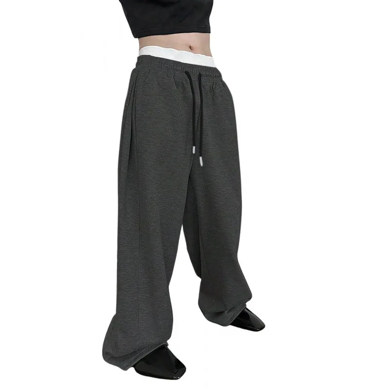 Men's Solid Color Sanitary Winter Pants 2025 Drawstring Waist Straight Wide Leg Loose Fit with Pockets Versatile Sports Trousers