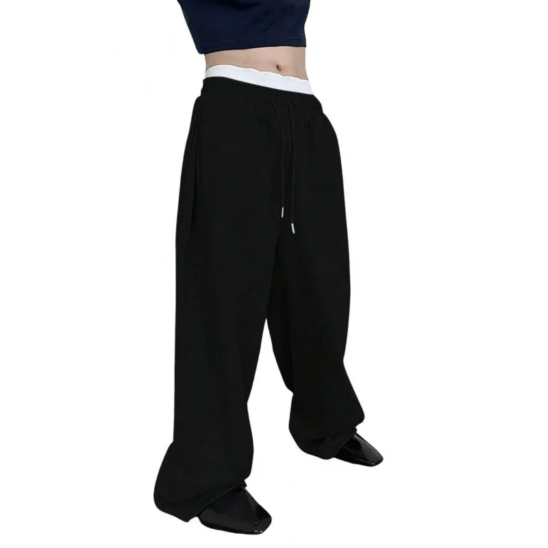 Men's Solid Color Sanitary Winter Pants 2025 Drawstring Waist Straight Wide Leg Loose Fit with Pockets Versatile Sports Trousers