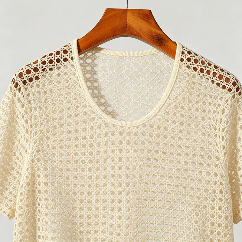 Men Hollow Out Crochet Knit T Shirt Round Neck Short Sleeve See Through Mesh Top Breathable Vintage Beach Party Casual Tee S-2XL