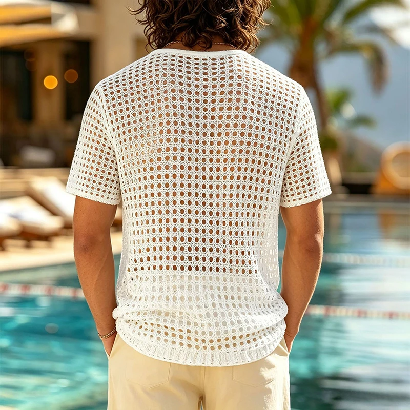 Men Hollow Out Crochet Knit T Shirt Round Neck Short Sleeve See Through Mesh Top Breathable Vintage Beach Party Casual Tee S-2XL