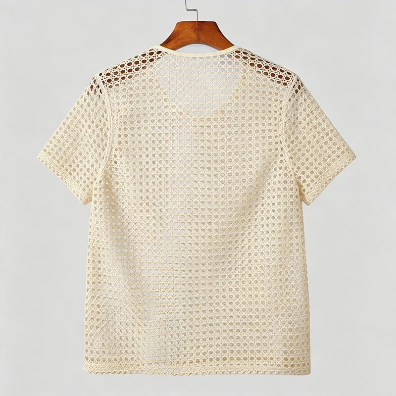 Men Hollow Out Crochet Knit T Shirt Round Neck Short Sleeve See Through Mesh Top Breathable Vintage Beach Party Casual Tee S-2XL