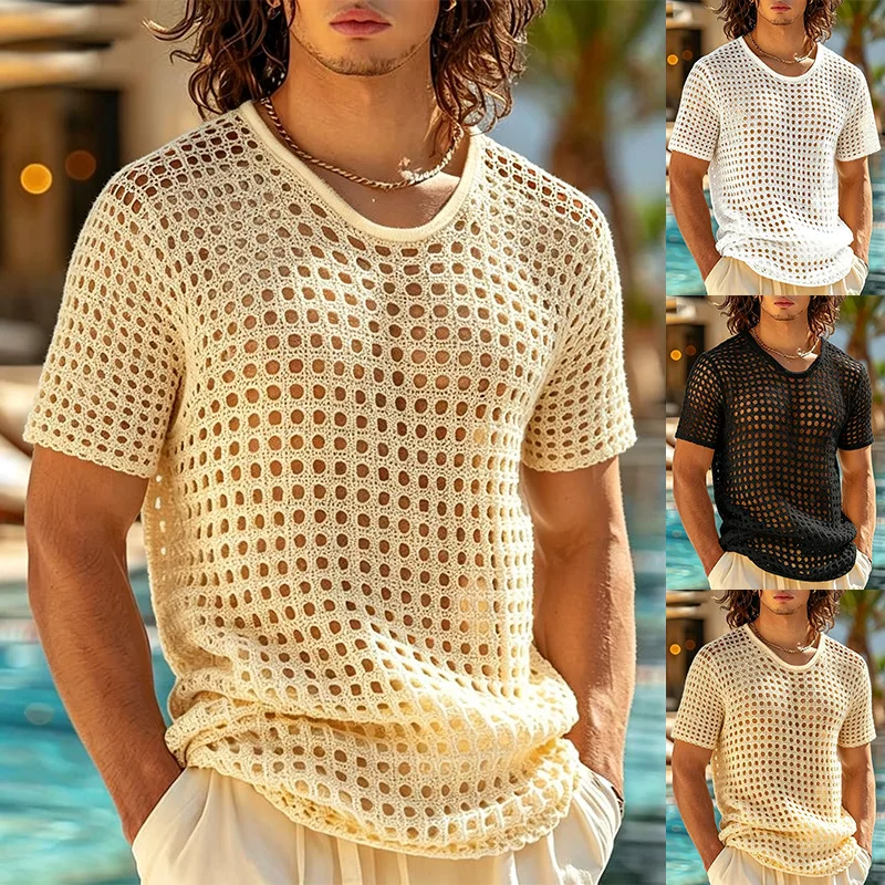Men Hollow Out Crochet Knit T Shirt Round Neck Short Sleeve See Through Mesh Top Breathable Vintage Beach Party Casual Tee S-2XL