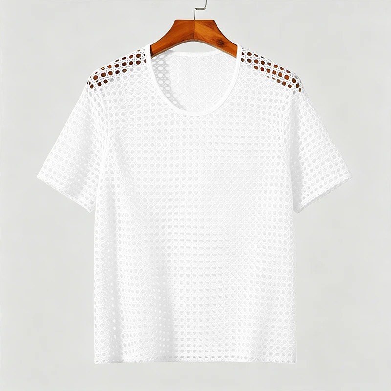 Men Hollow Out Crochet Knit T Shirt Round Neck Short Sleeve See Through Mesh Top Breathable Vintage Beach Party Casual Tee S-2XL