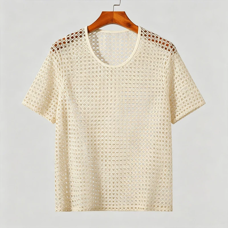Men Hollow Out Crochet Knit T Shirt Round Neck Short Sleeve See Through Mesh Top Breathable Vintage Beach Party Casual Tee S-2XL