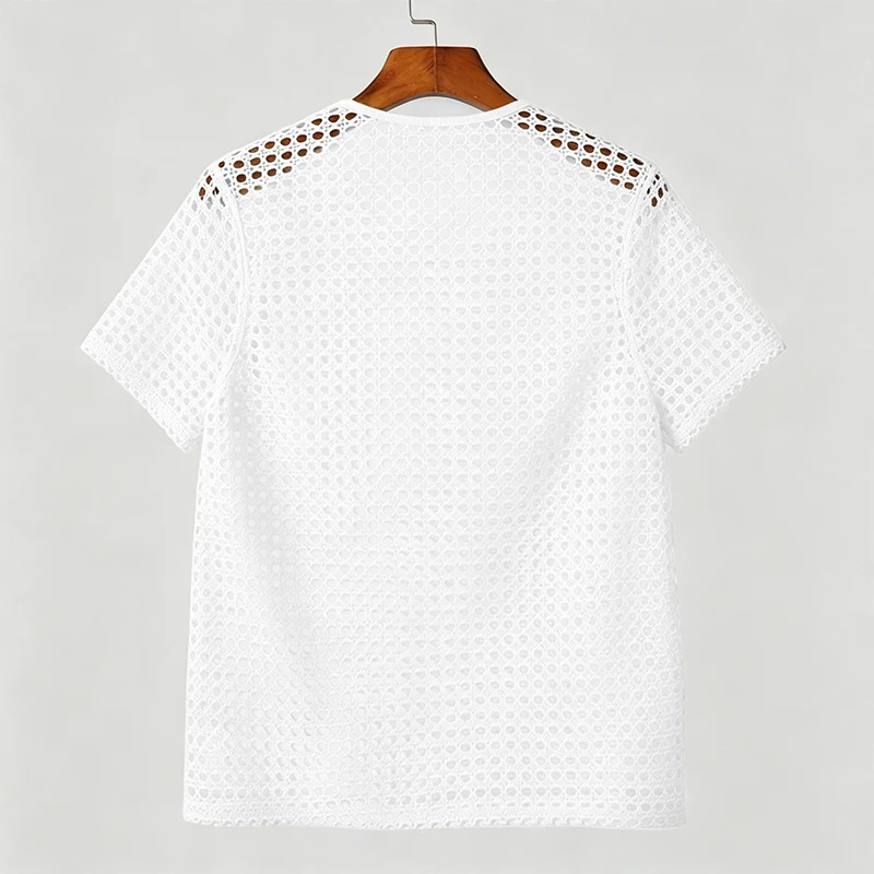 Men Hollow Out Crochet Knit T Shirt Round Neck Short Sleeve See Through Mesh Top Breathable Vintage Beach Party Casual Tee S-2XL