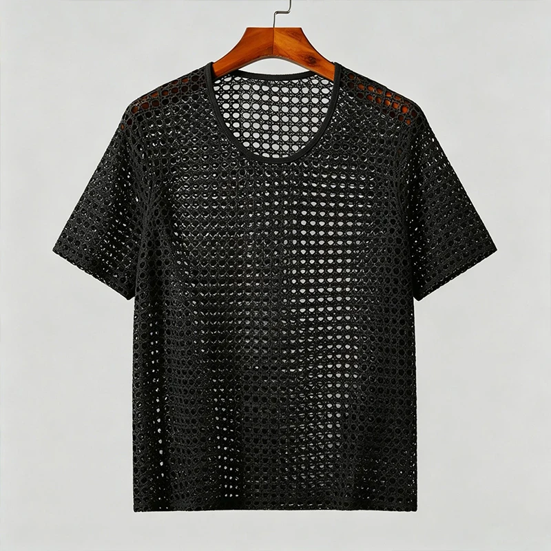 Men Hollow Out Crochet Knit T Shirt Round Neck Short Sleeve See Through Mesh Top Breathable Vintage Beach Party Casual Tee S-2XL