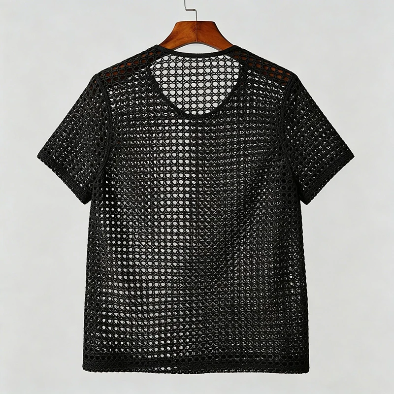 Men Hollow Out Crochet Knit T Shirt Round Neck Short Sleeve See Through Mesh Top Breathable Vintage Beach Party Casual Tee S-2XL