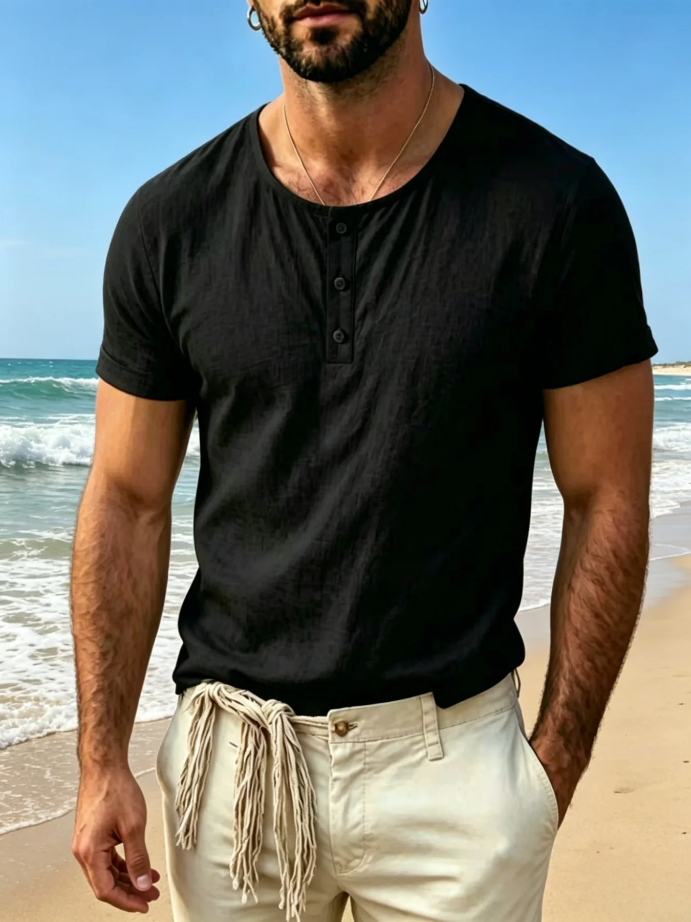 Men's Henley Neck Short Sleeve Shirt Lightweight Breathable Cotton Linen Blend Casual Beach Summer Top
