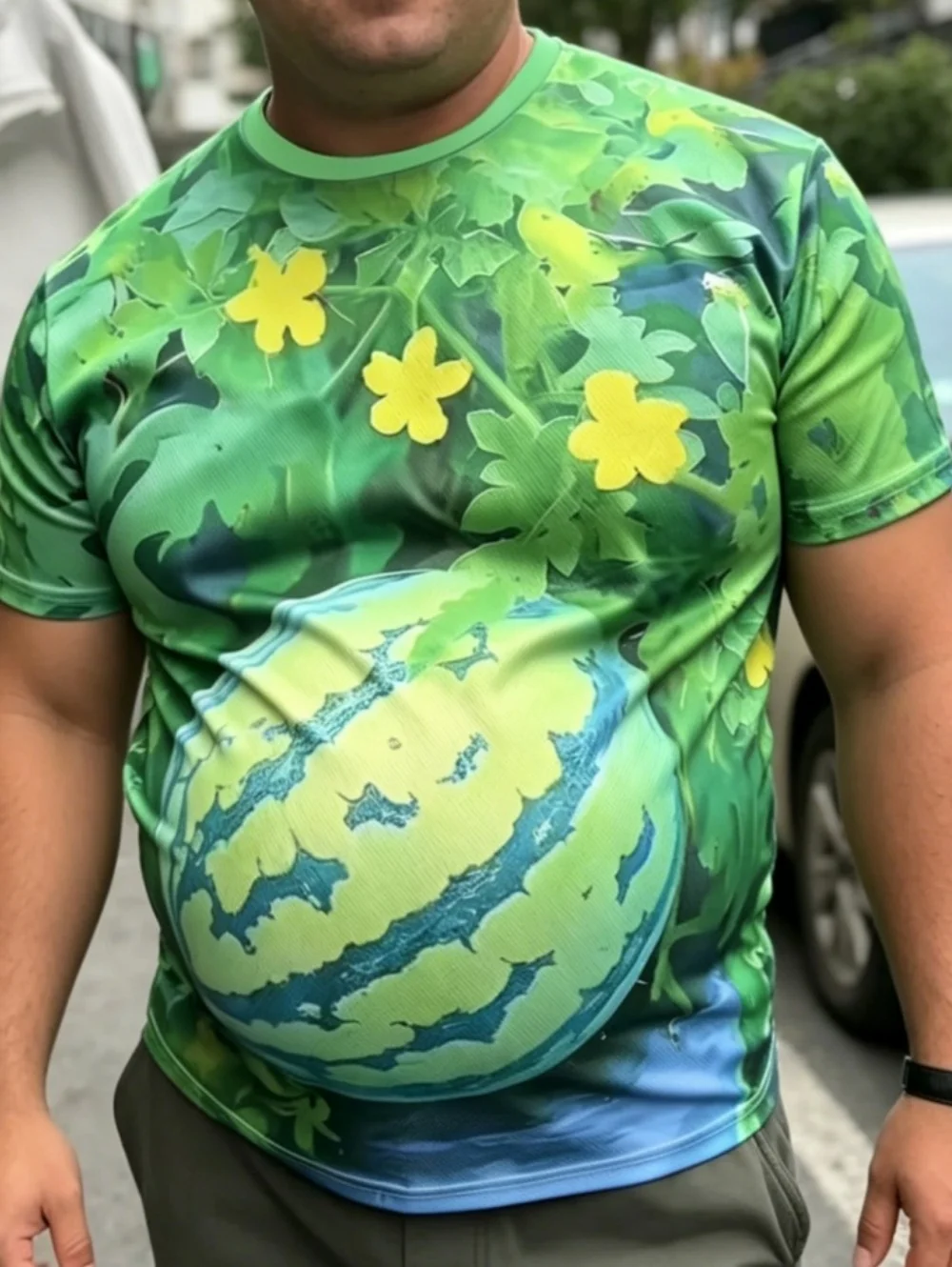 Funny Men's T-Shirt Watermelon Graphic Tee Fruit 3D Print O-Neck Short Sleeve Loose Big Belly Illusion Novelty Casual Top