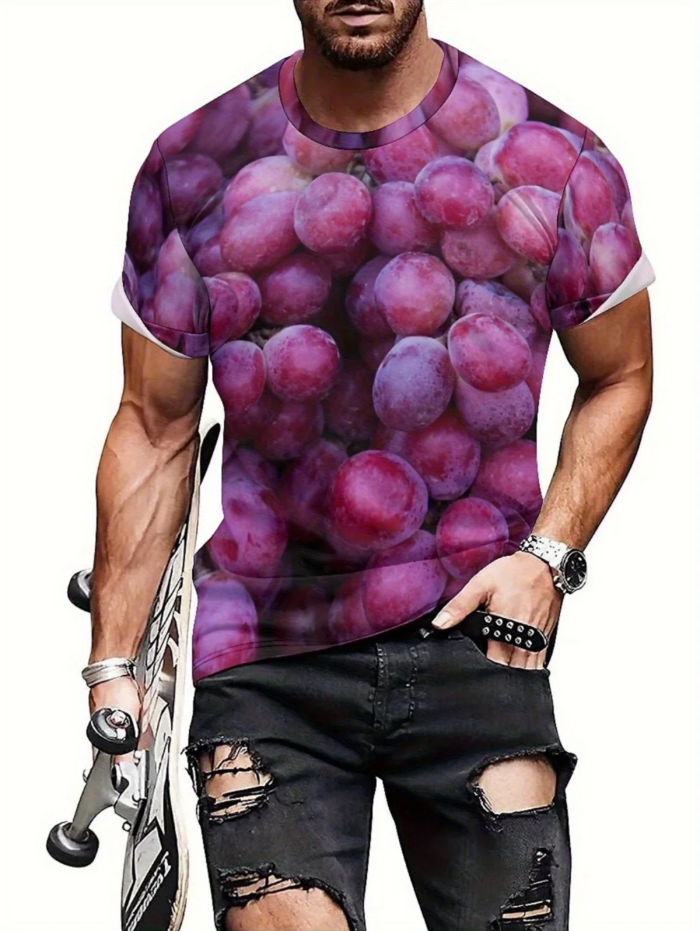 Funny Men's T-Shirt Watermelon Graphic Tee Fruit 3D Print O-Neck Short Sleeve Loose Big Belly Illusion Novelty Casual Top