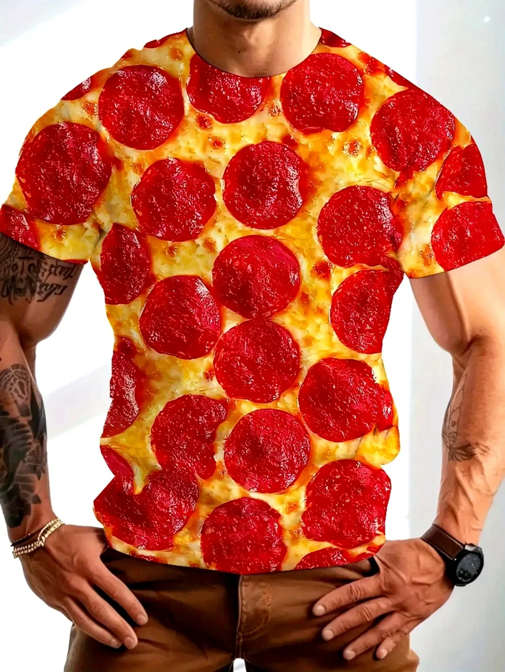 Funny Men's T-Shirt Watermelon Graphic Tee Fruit 3D Print O-Neck Short Sleeve Loose Big Belly Illusion Novelty Casual Top