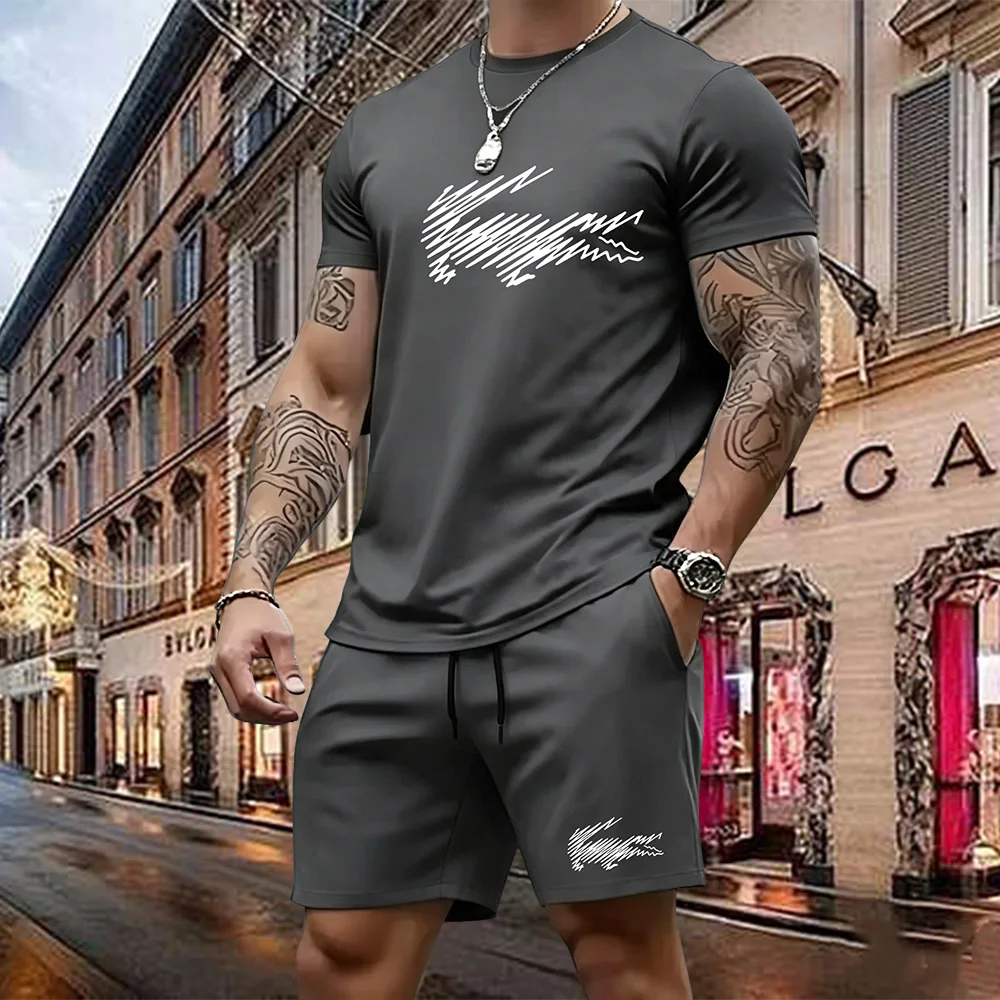 Summer Men's Quick Dry Casual Short Sleeve T-Shirt And Shorts Set City Street Fashion Running Sports 2-Piece Suit