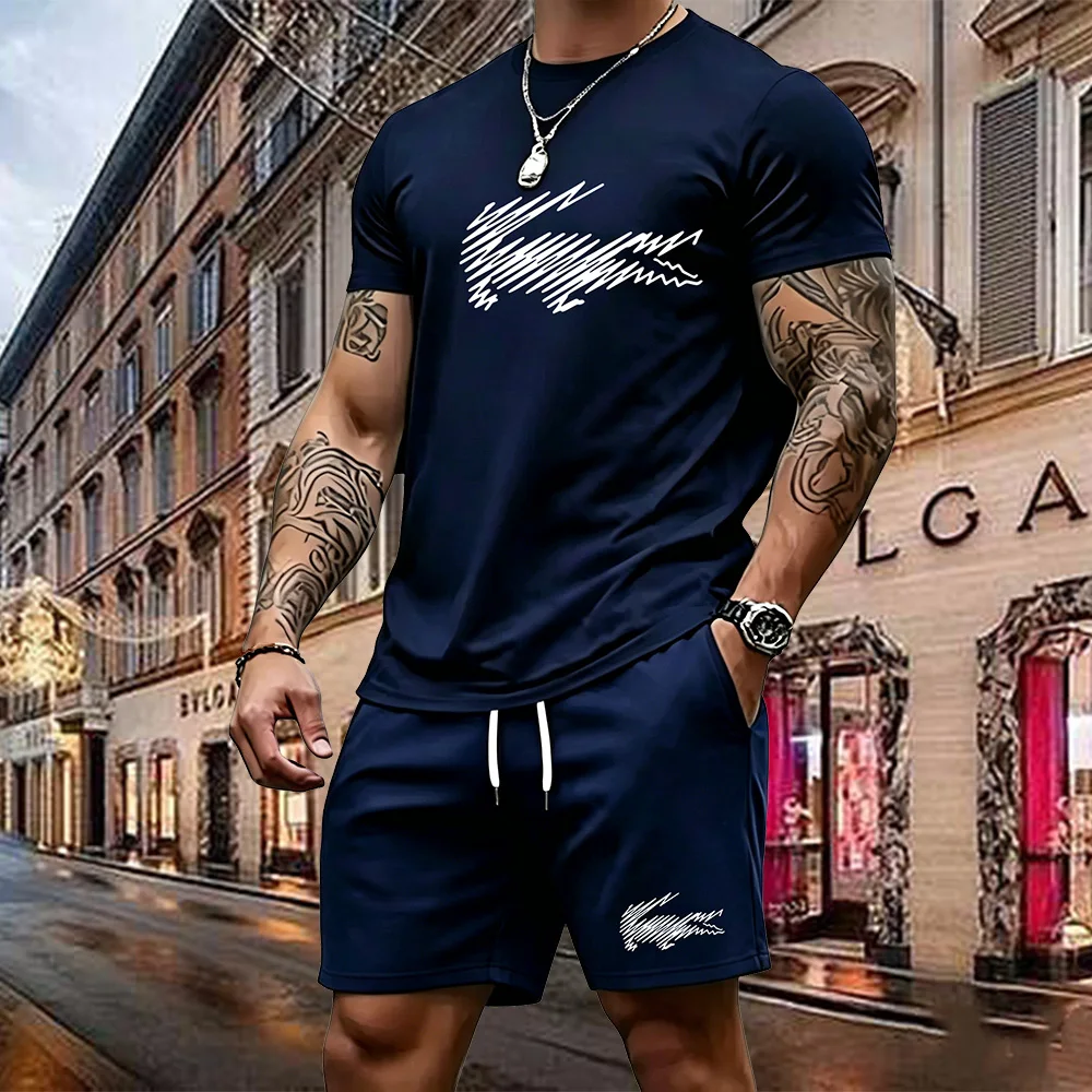 Summer Men's Quick Dry Casual Short Sleeve T-Shirt And Shorts Set City Street Fashion Running Sports 2-Piece Suit
