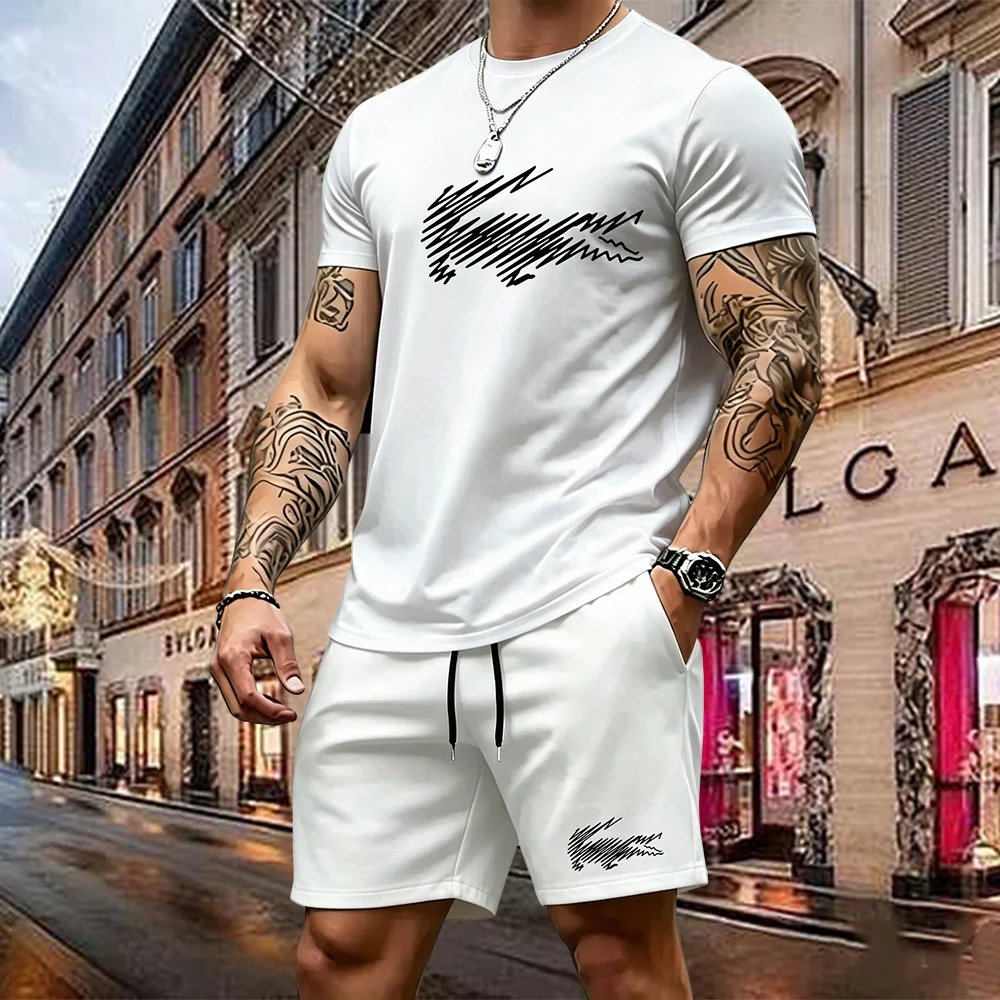 Summer Men's Quick Dry Casual Short Sleeve T-Shirt And Shorts Set City Street Fashion Running Sports 2-Piece Suit