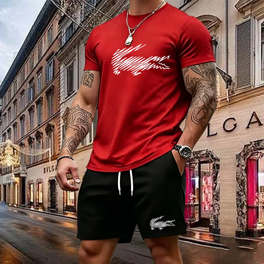 Summer Men's Quick Dry Casual Short Sleeve T-Shirt And Shorts Set City Street Fashion Running Sports 2-Piece Suit