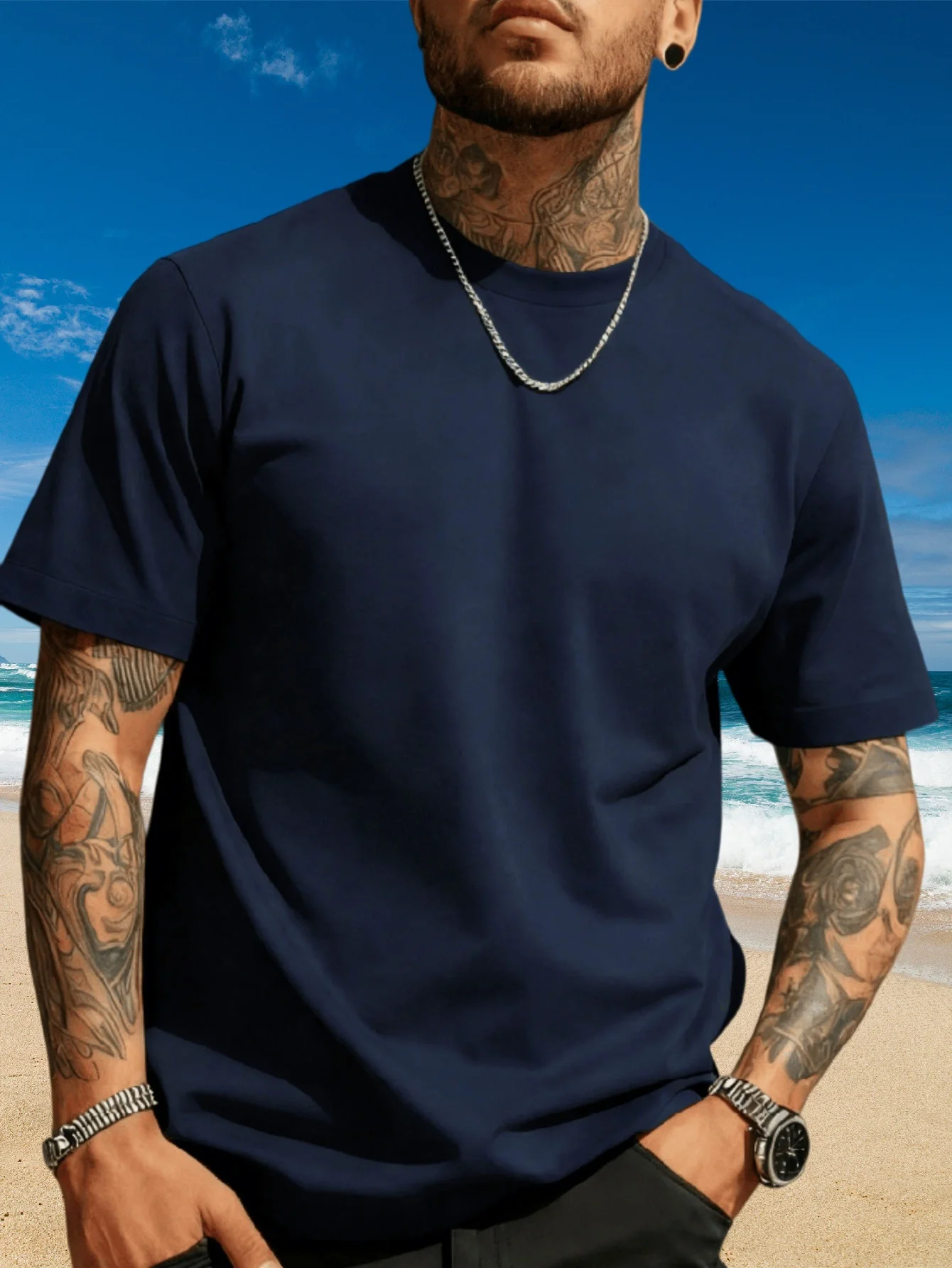 Minimalist and versatile basic style summer solid color short-sleeve shirt, simple round neck, loose and all-match top