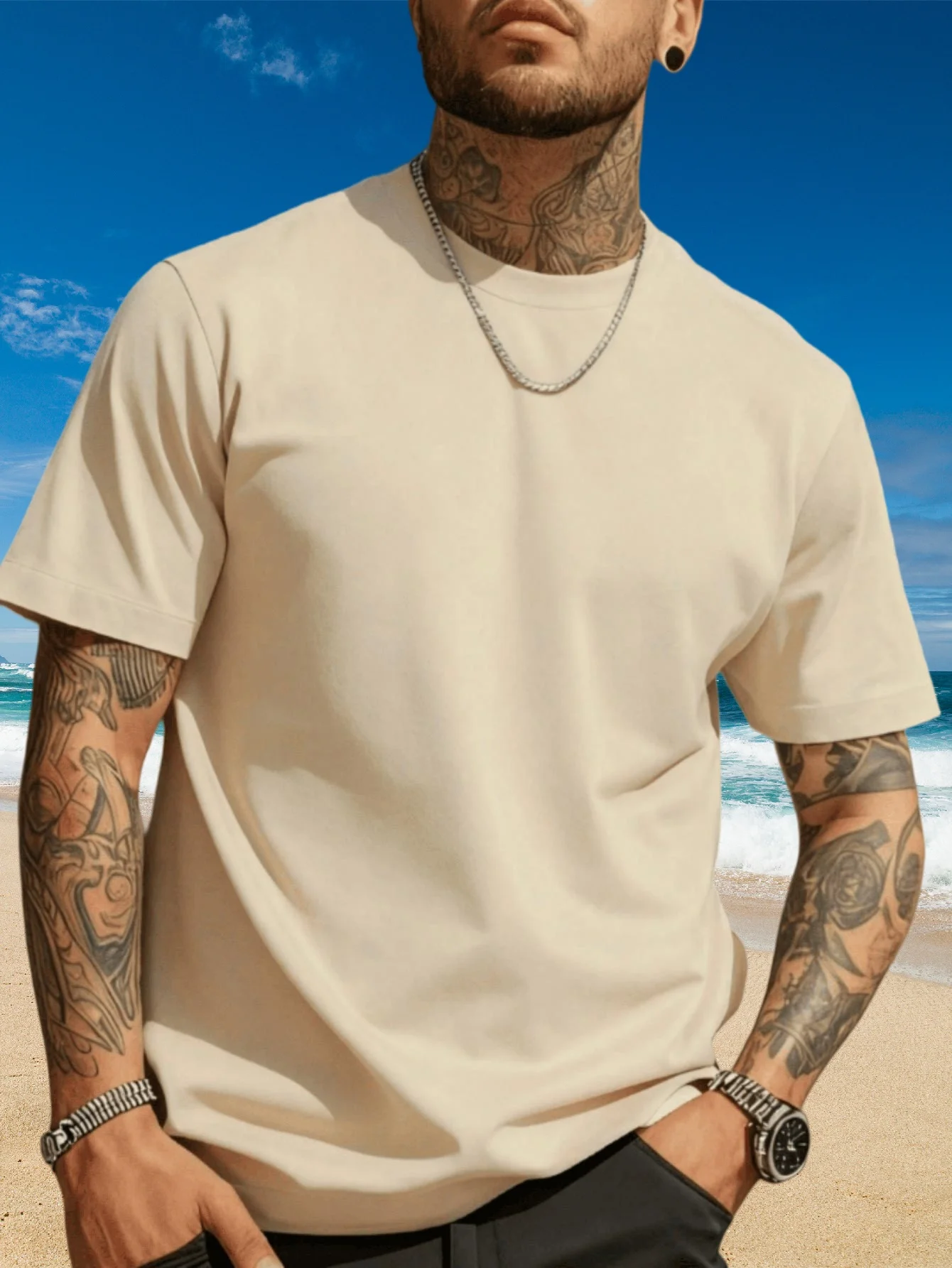 Minimalist and versatile basic style summer solid color short-sleeve shirt, simple round neck, loose and all-match top