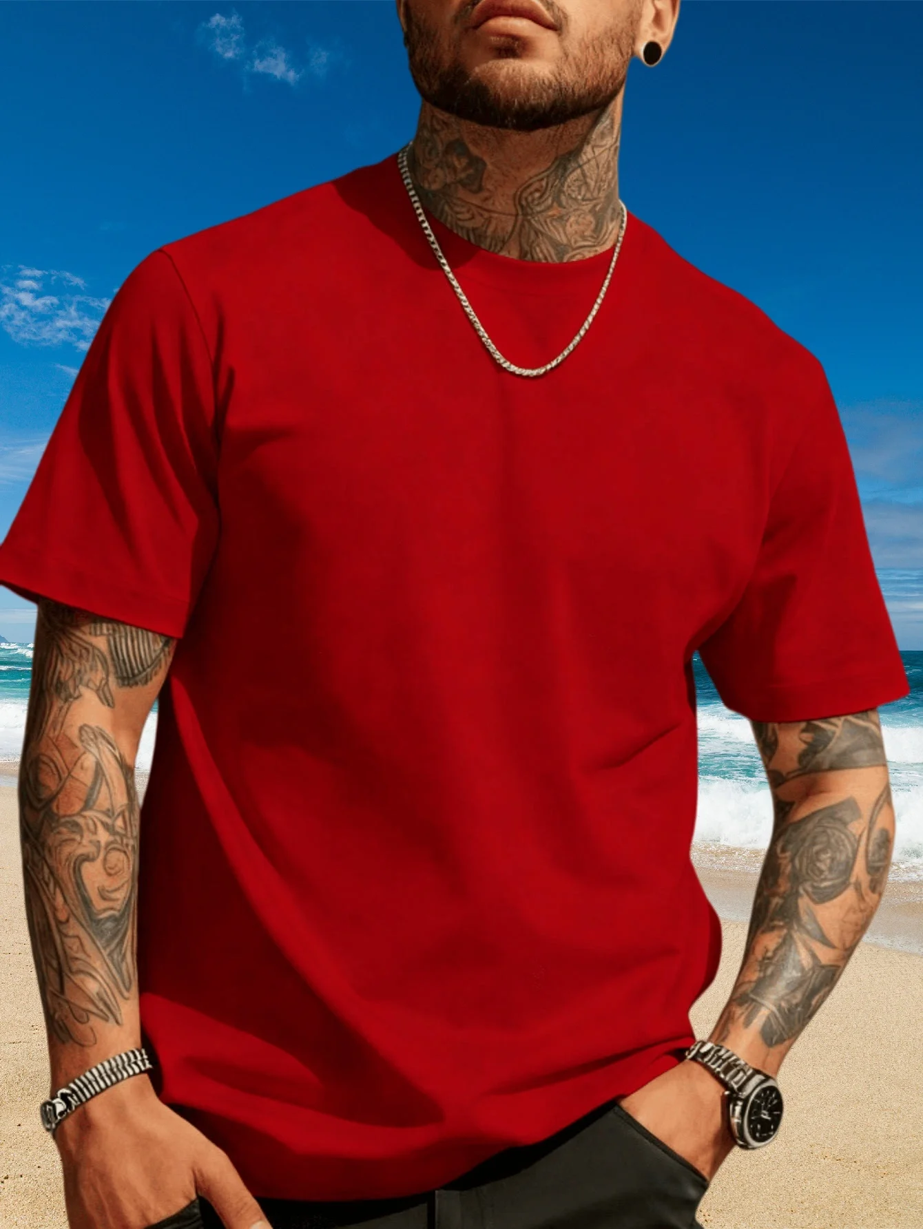 Minimalist and versatile basic style summer solid color short-sleeve shirt, simple round neck, loose and all-match top
