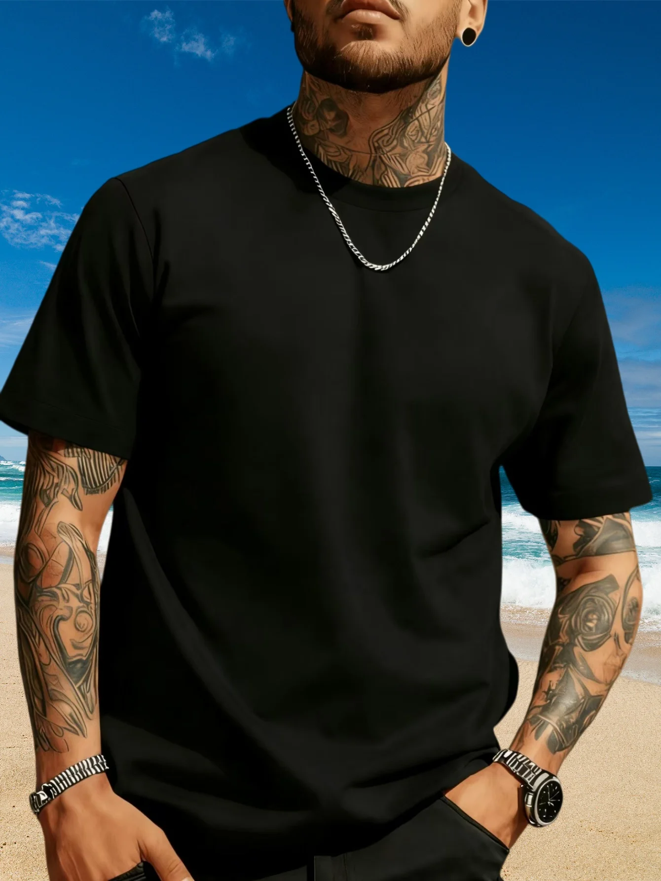 Minimalist and versatile basic style summer solid color short-sleeve shirt, simple round neck, loose and all-match top