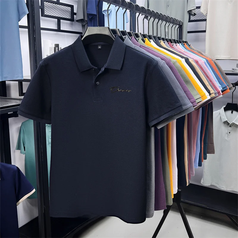 Men's Summer High-End Printed Golf Polo Shirt with Collar, Solid Color, Breathable, Office Casual, High-Quality Men's Clothing
