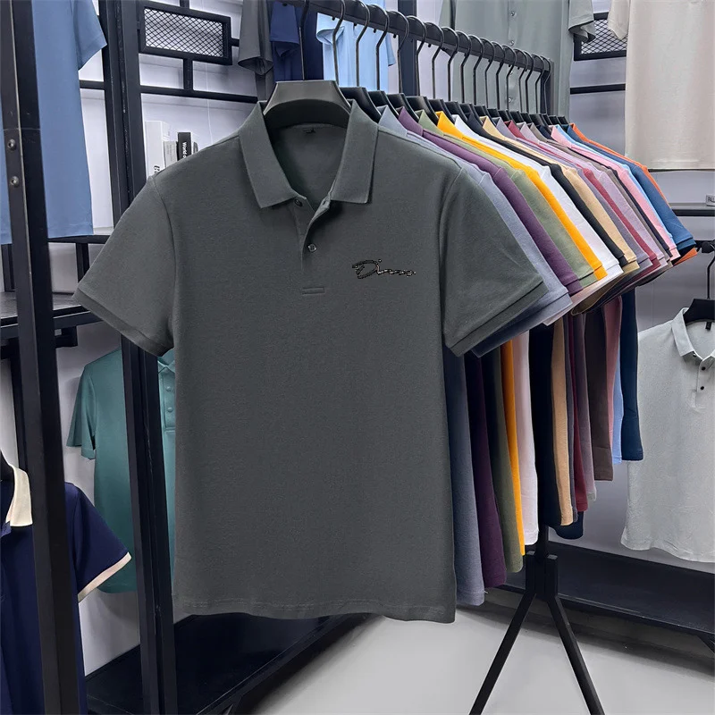 Men's Summer High-End Printed Golf Polo Shirt with Collar, Solid Color, Breathable, Office Casual, High-Quality Men's Clothing