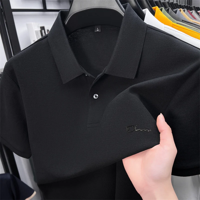 Men's Summer High-End Printed Golf Polo Shirt with Collar, Solid Color, Breathable, Office Casual, High-Quality Men's Clothing