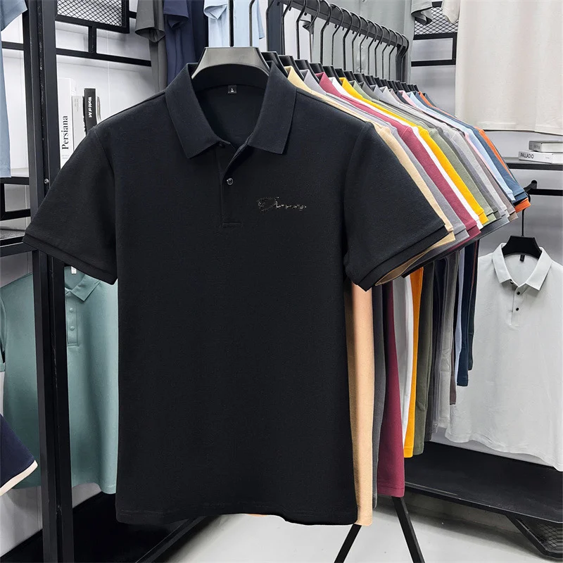 Men's Summer High-End Printed Golf Polo Shirt with Collar, Solid Color, Breathable, Office Casual, High-Quality Men's Clothing