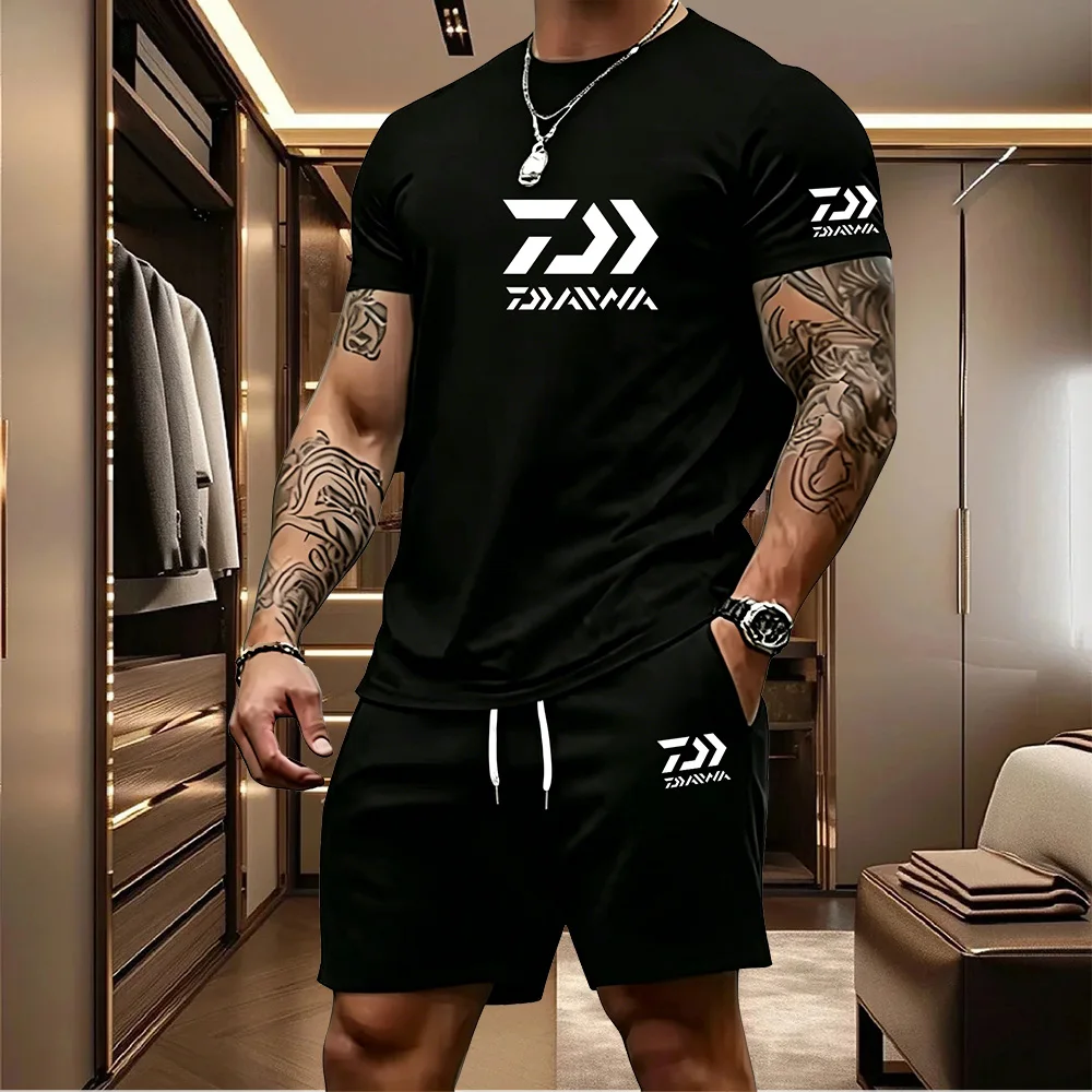 2026 Summer Men's Short Sleeved T-shirt Drawstring Shorts Set Breathable Outdoor Sports Set Men's Daily Fishing Suit