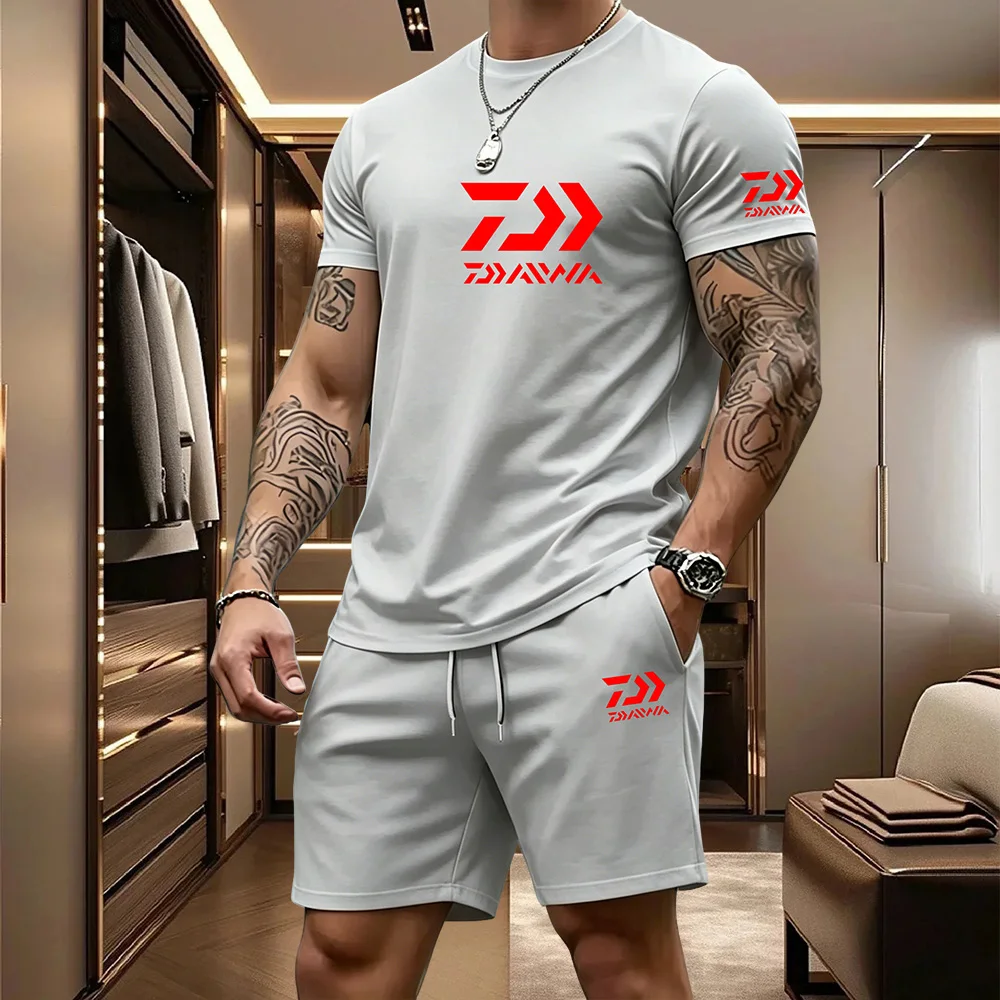 2026 Summer Men's Short Sleeved T-shirt Drawstring Shorts Set Breathable Outdoor Sports Set Men's Daily Fishing Suit