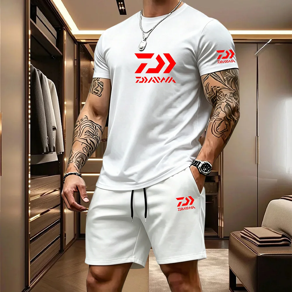 2026 Summer Men's Short Sleeved T-shirt Drawstring Shorts Set Breathable Outdoor Sports Set Men's Daily Fishing Suit