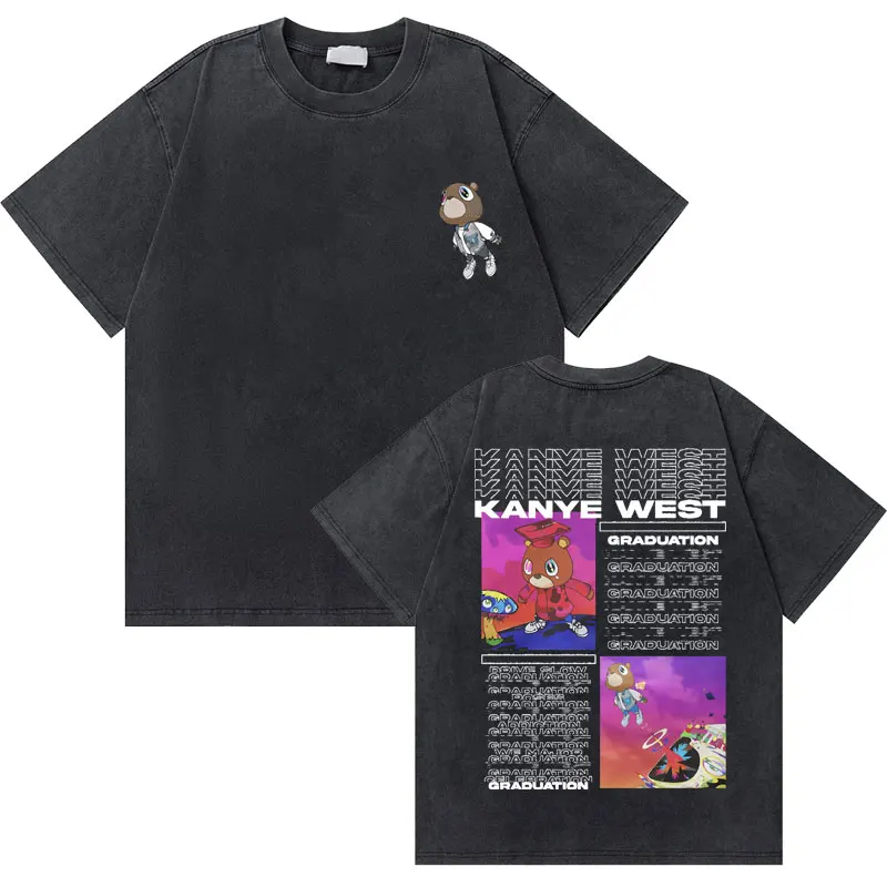 Washed Vintage Rapper Kanye West Graduation Bear Graphic T Shirt Men Pure Cotton T-shirt Men's Hip Hop Fashion Oversized Tshirt