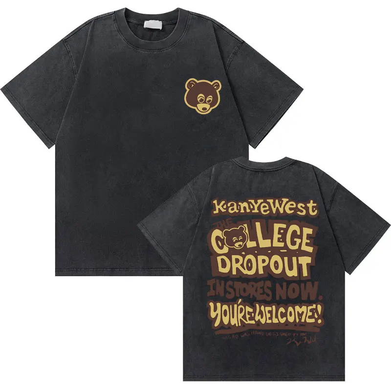 Washed Vintage Rapper Kanye West Graduation Bear Graphic T Shirt Men Pure Cotton T-shirt Men's Hip Hop Fashion Oversized Tshirt